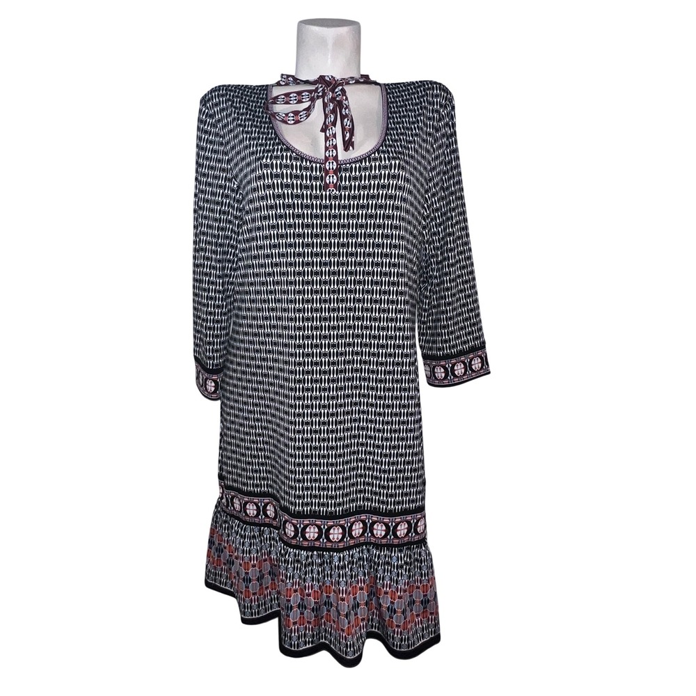 Max Studio Geometric Print Tie Neck Ruffle Hem Knit Dress XL Black Orange Blue‎